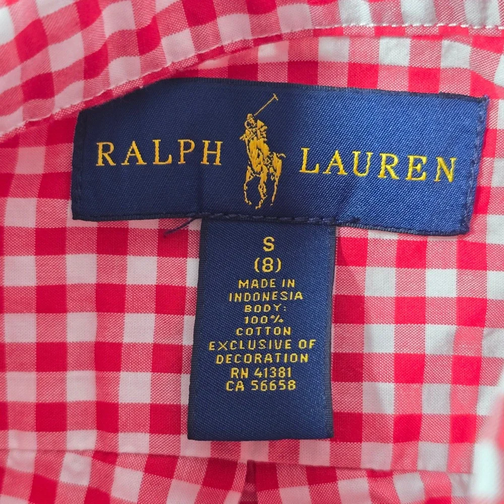 Ralph Lauren Boys Red White Gingham Button Down Shirt Size S 8 Cotton Pony Logo
